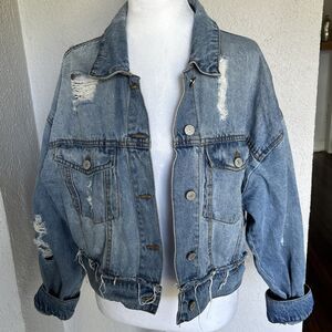 Ashley-Vintage Charm Very Distressed Blue Denim Jean Jacket Women's Size Large